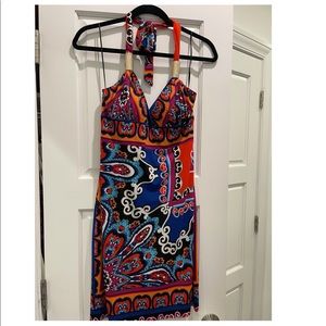CACHE Brightly Colored Paisley Print Halter Dress.